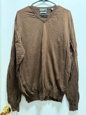 Lyle And Scott Mens V Neck 100% Merino Wool Brown Sweater Sz XL Preppy Classic